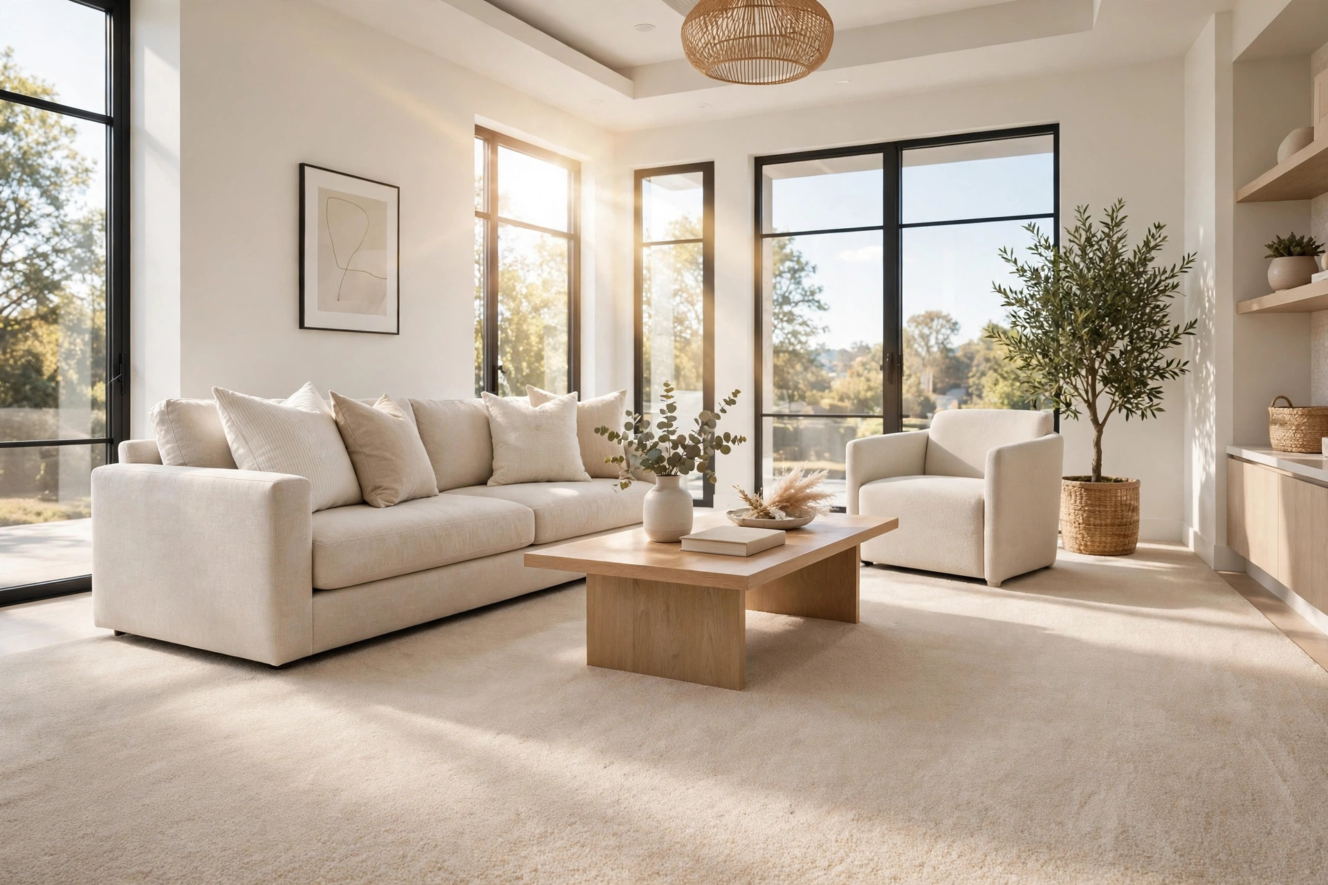 Spotless freshly cleaned carpet in a bright living room